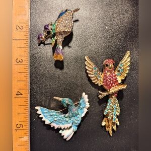 Elegant Bird Brooch Trio with Crystals